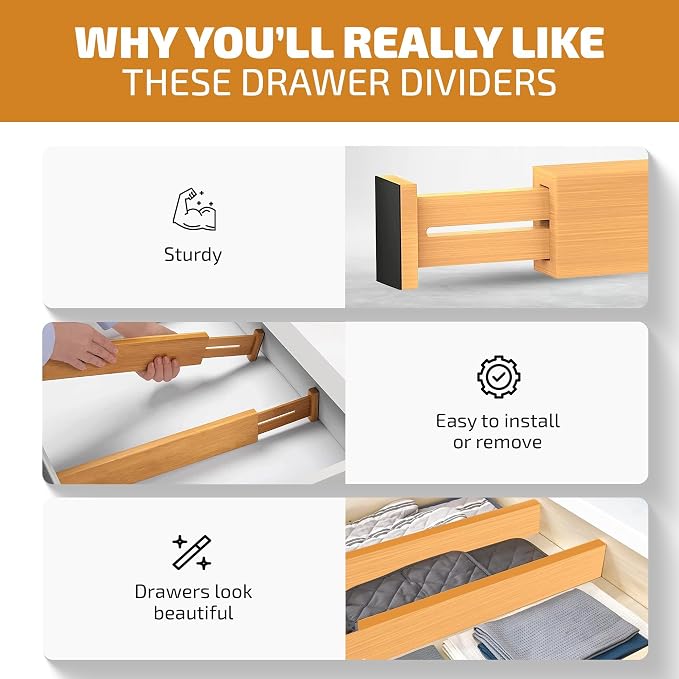 4 Pack Bamboo Drawer Dividers - Adjustable 16 to 22 Inch Expandable Drawer Organizer, Spring Loaded 2.6 Inch High Kitchen Drawer Dividers and Dresser Separator for Clothes, Bedroom, Bathroom, Office
