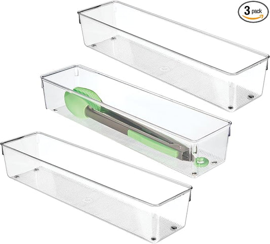 iDesign Plastic Drawer Organizer Bins, Set of 3, Clear | Storage for Kitchen, Storage for Bathroom, Storage for Desk Drawers