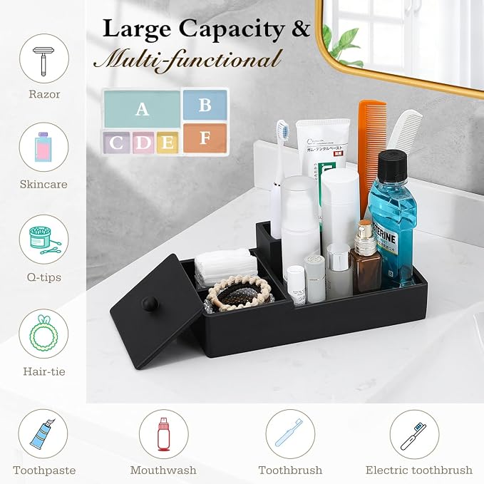 Luxspire Bathroom Counter Organizer with Lid, 6 Slots, Matte Black | Bathroom Vanity Organizer, Bathroom Organizer Countertop for Cotton Ball, Q-Tips, Floss