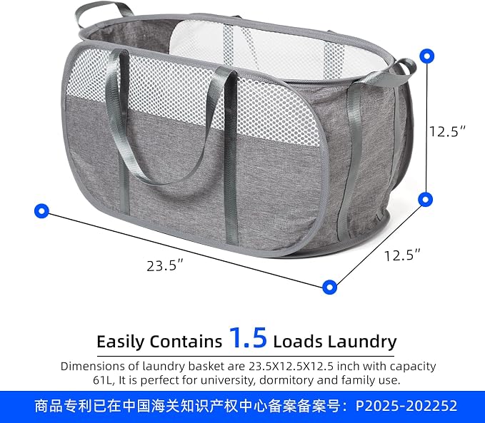 Pop Up Laundry Hamper, Holds 1.5 Loads, Honeycomb Breathable Laundry Basket | Designed at Dryer-Door Height for Easy Unloading, Collapsible with Strong Handles, Lightweight Carry, Tear-Proof Mesh