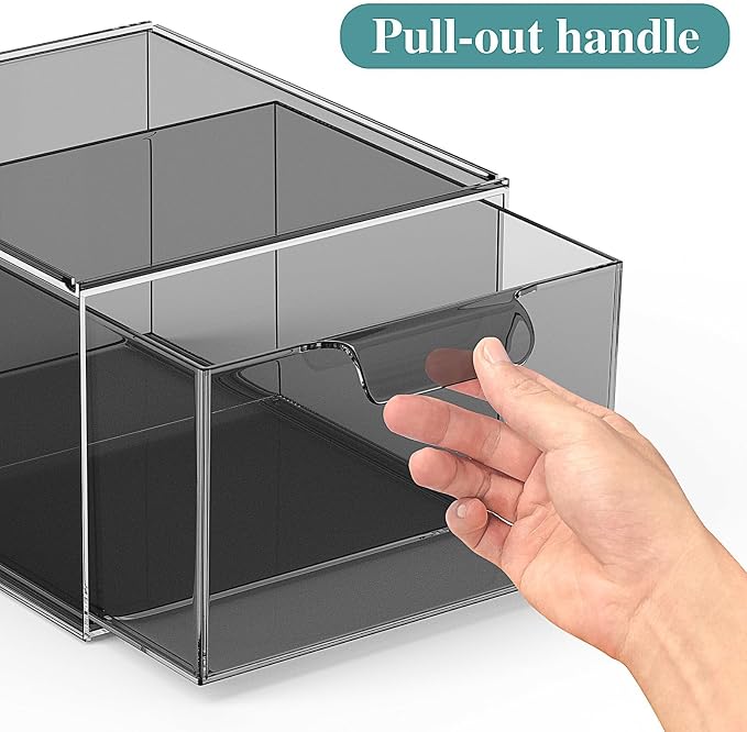 SpaceHacks 2 Pack Stackable Makeup Organizer and Storage, Acrylic Organizers，Clear Plastic Storage Drawer with Pull-Out Handles for Vanity, Undersink, Kitchen Cabinets, Pantry, Black