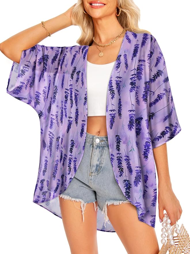 Women Kimono Cardigans Summer Cover Up Hawaiian Shirts Floral Print Tops | ROSEMIA chiffon kimono open front cardigans, beach cover ups, daily casual tops, cruise outfits, summer resort wear