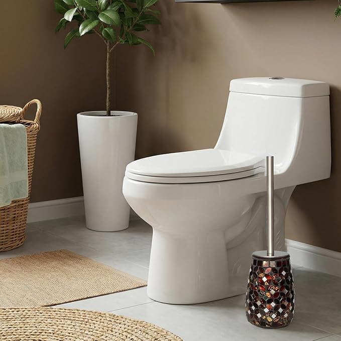 Handmade Mosaic Toilet Brush and Holder Set, Decorative Brown Glass Toilet Bowl Brush with Stainless Steel Handle, Luxury Bathroom Accessories Set, Mosaic Bathroom Decor, Weighted Base