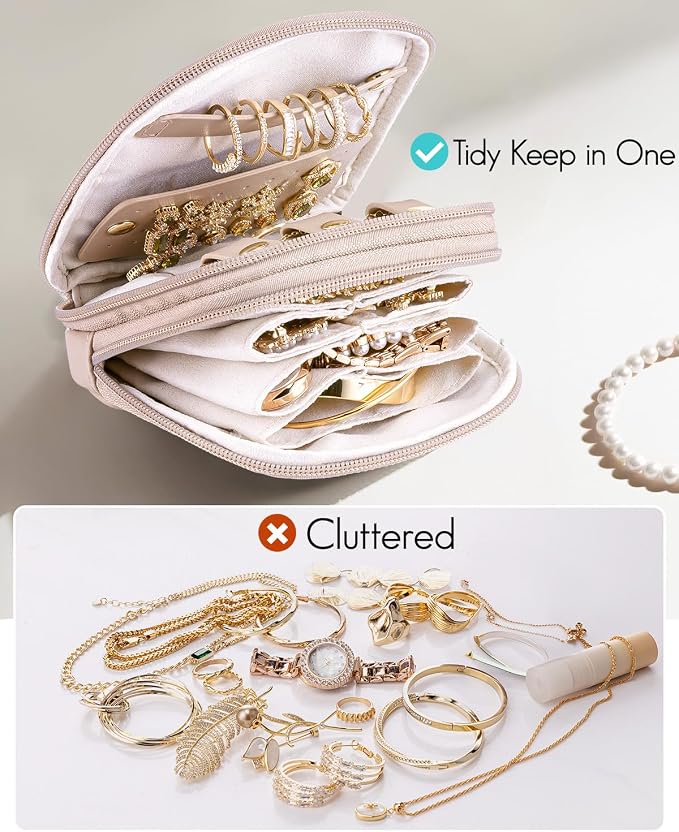 VLANDO 2-Layer Travel Jewelry Organizer for Rings,Earrings,Necklaces | Soft Velvet-Lined Storage with Divided Sections,Giftable Organizer for Summer Trips,Bridesmaids,Daily Use, Apricot Pink