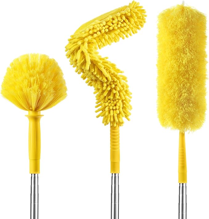 17FT Extendable Duster, 2-9 ft Extension Pole for High Ceilings | Sturdy Stainless Steel Pole , Replaceable Cobweb and Microfiber Heads Cleans Ceiling Fans, Corners and Hard-to-Reach Areas