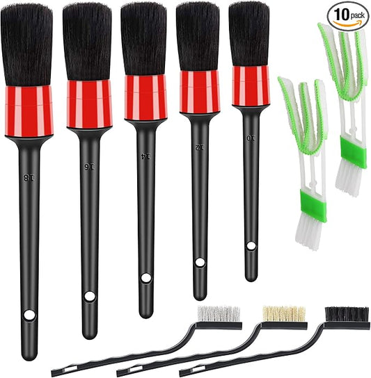 HMPLL 10pcs Auto Car Detailing Brush Set Car Interior Cleaning Kit Includes 5 Boar Hair Detail Brush,3 Wire Brush, 2 Air Vent Brush for Cleaning Car Interior Exterior, Dashboard Engines Leather Wheel