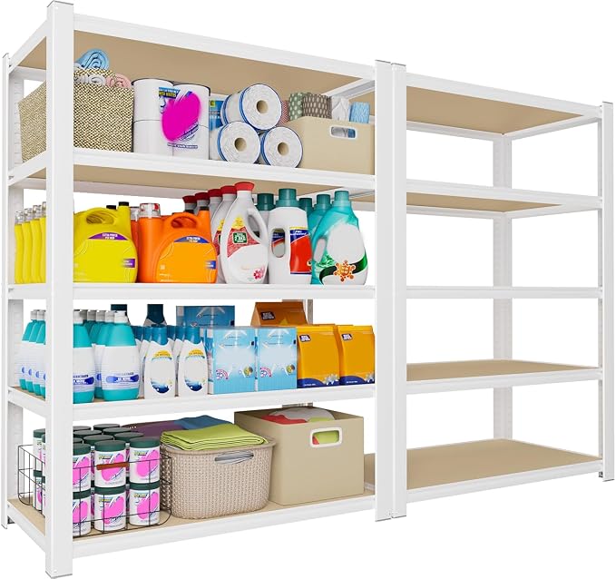 PrimeZone 24" W x 16" D x 59" H Closet Storage Shelves - 5 Tier White Metal Connector Shelving Unit, Adjustable Heavy Duty Garage Shelves, Utility Rack Organizer Shelf for Kitchen Pantry Closet, 2 PCS