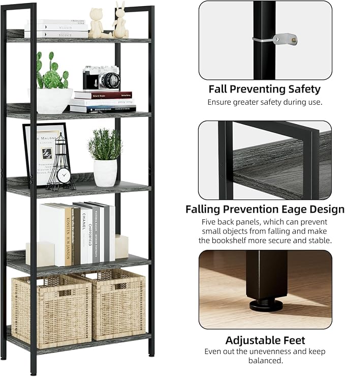 NUMENN Bookshelf, 5 Tier Freestanding Shelving Unit, Dark Grey | Metal Frame & Wood Shelves, Falling Prevention Baffle, Open Storage Bookcase for Bedroom, Living Room & Home Office