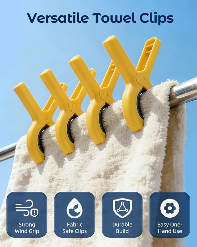 10 Pack Beach Towel Clips Heavy Duty Large Beach Essentials Chair Pool Clip | Yellow Clips with Strong Grip, Silicone Protection, Rust Resistant Spring, Multi-Use for Beach, Boat, Cruise & Outdoors