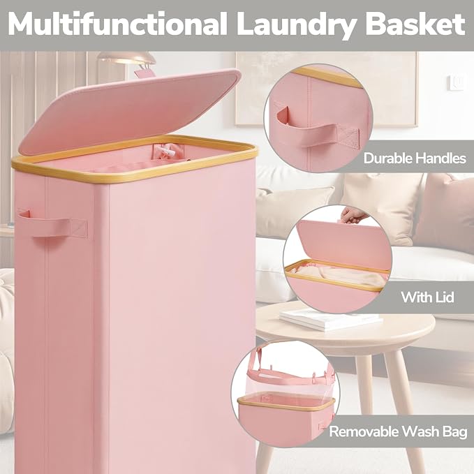 Goodpick 75L Slim Rolling Laundry Basket with Wheels and Lid, Pink | 17 × 9.8 × 29.5 in, Bamboo Frame, Removable Laundry Bag, Collapsible, Dorm, Bedroom & Bathroom Organization, Home Decor