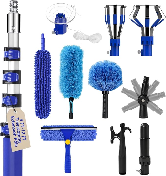 20FT Light Bulb Changer for High Ceilings Kit with Extension Pole Blue | Telescoping Lightbulb Changing Pole,Cobweb Brush Extendable Duster,Ceiling Fan Cleaner and Window Squeegee Cleaning