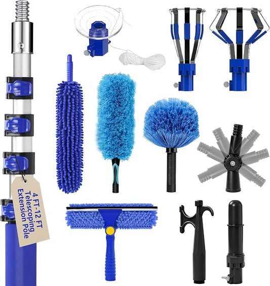 20FT Light Bulb Changer for High Ceilings Kit with Extension Pole Blue | Telescoping Lightbulb Changing Pole,Cobweb Brush Extendable Duster,Ceiling Fan Cleaner and Window Squeegee Cleaning
