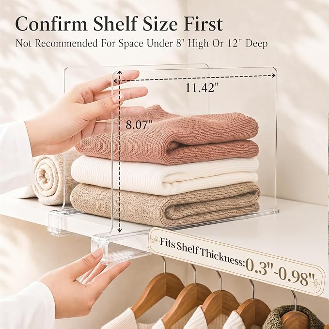 SortNStore Shelf Dividers Purse Organizer for Closet: 16-Pack Acrylic Bag Storage Organizer for Handbags, Clutches, Clothes, Sweater, Towel on Wood Shelves