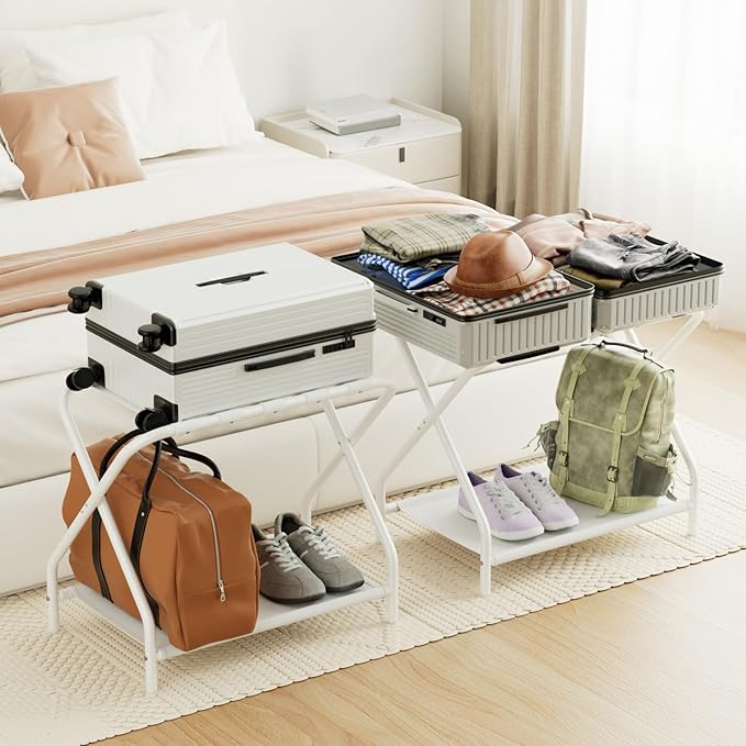 AMHANCIBLE Luggage Rack, Set of 2, Foldable Suitcase Stands for Guest Room | Metal Luggage Holder with Storage Shelf for Bedroom, Hotel, Easy Assemble, White