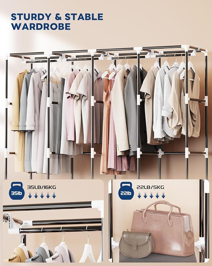 Mavivegue Portable Closet Wardrobe, Clothes Organizer with 4 Hanging Rods, Non-Woven Fabric Cover, Large Capacity Storage for Bedroom and Living Room,Gray, 67" W x 17" D x 67" H