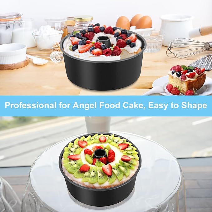 TeamFar 10 Inch Angel Food Cake Pan, Non-Stick Coating Stainless Steel Core Pound Cake Pan with Tube, Healthy & Heavy-Duty, One-piece & Hollow Design, Release Easily & Easy Clean, Set of 2