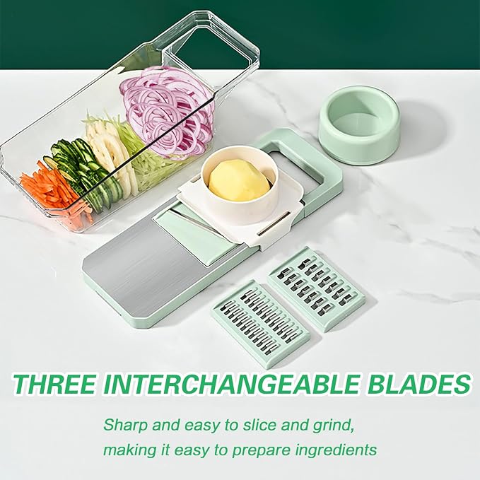 6 in 1 Mandoline Slicer, Hand Guard Vegetable Chopper Cutter with Container & Lid, 3 Replaceable Blades Multifunctional Veggie Dicer Slicer for Onion Potato Carrot, Kitchen Food Prep Gadget - Green