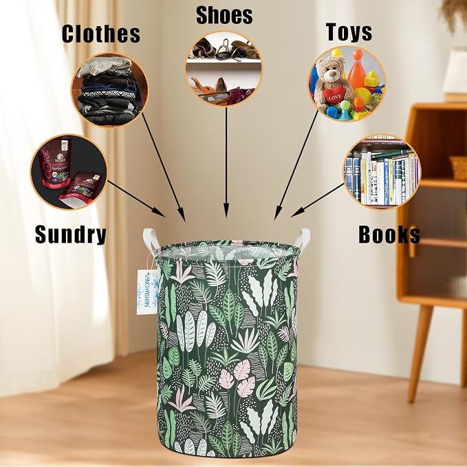 Round Laundry Basket Collapsible Storage Hamper Organizer Full Leaf | Waterproof Canvas Foldable Baskets with sturdy Handles Multi-scene Organizer for Home Play Bedroom Gift Bin