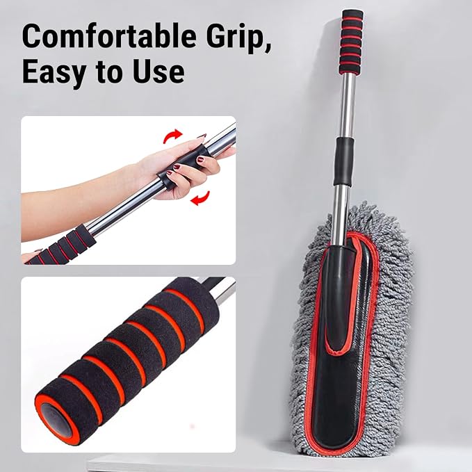 YeewayVeh Car Duster, Scratch-Free Microfiber Cleaning Brush, Gray/Red | Extendable Handle Pollen & Dust Remover for Truck, SUV, Vehicles & Home