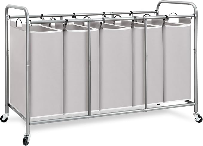 STORAGE MANIAC 5 Section Laundry Sorter, 5 Bins Rolling Separator Laundry Basket, Dirty Clothes Hamper Divider with Heavy Duty Lockable Wheels, Large Clothes Organizer Cart, Gray