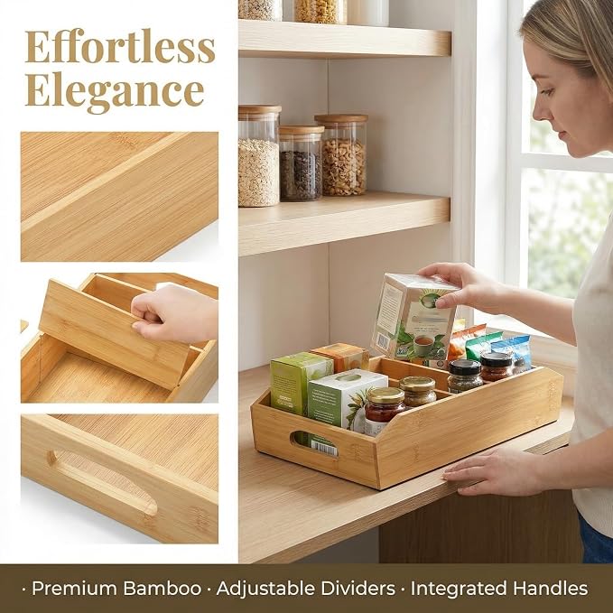 Pumtus 2 Pack Bamboo Pantry Organizers, Storage Bin with Removable Dividers, Divided Snack Oragnizer with Handle, Stackable Cabinet Basket, Drawer Caddy for Kitchen Office Packets Sauce Pouches