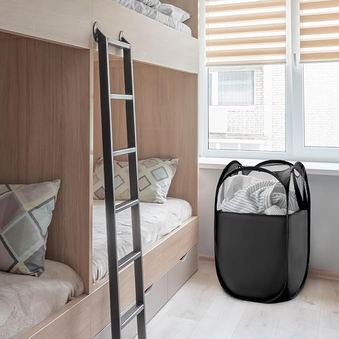 TECHMILLY Pop Up Foldable Laundry Basket, Mesh Laundry Hamper with Reinforced Handles for Dirty Clothes Storage in Dorm, Laundry Room, Bathroom, Black(Fabric), 3 Pack