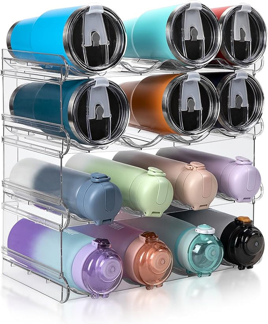spospo Stackable Water Bottle Organizer, Large Compartment Water Bottle Holder, 4 Tier Clear Water Bottle Organizer for Cabinet, Bottle Rack for Kitchen Organization and Storage - Hold 16 Bottles