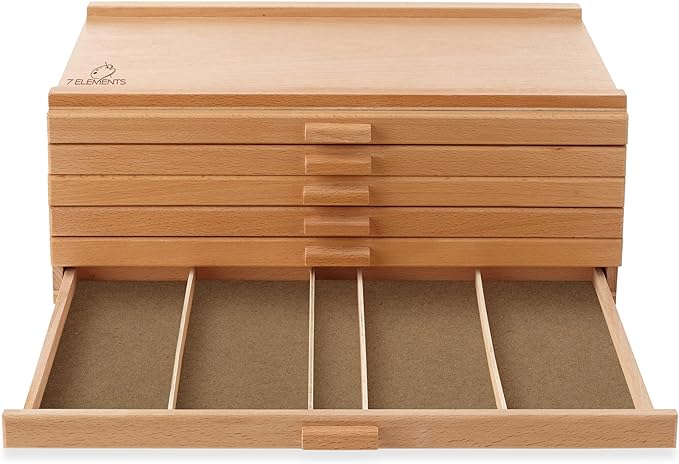 7 Elements 6 Drawer Wooden Artist Storage Supply Box for Pastels, Pencils, Pens, Markers, Brushes and Tools