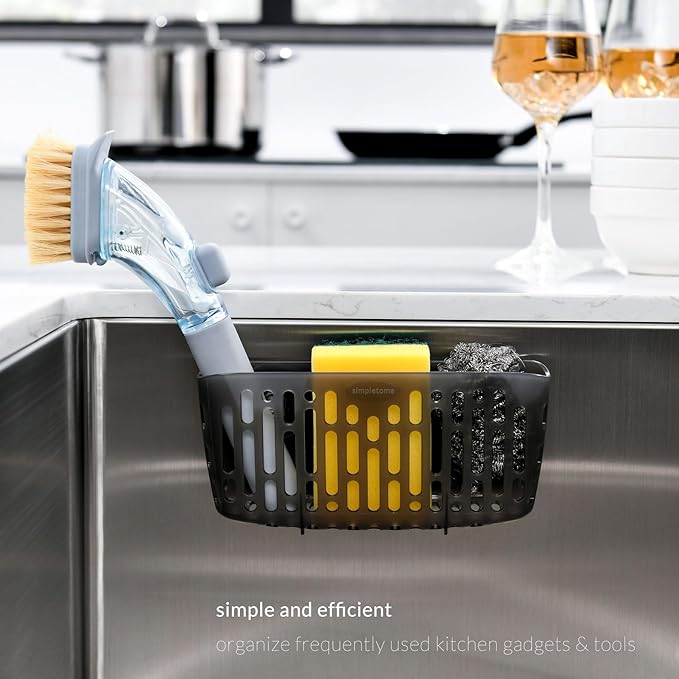 simpletome Sink Caddy Basket, Sinkware Organizer, 3X Strong Suction Cups Or Countertop (Translucent Grey) | include 3 suction cups and 1 adhesive backing | make kitchen sink tidy | kitchen essentials | can be placed upright counter