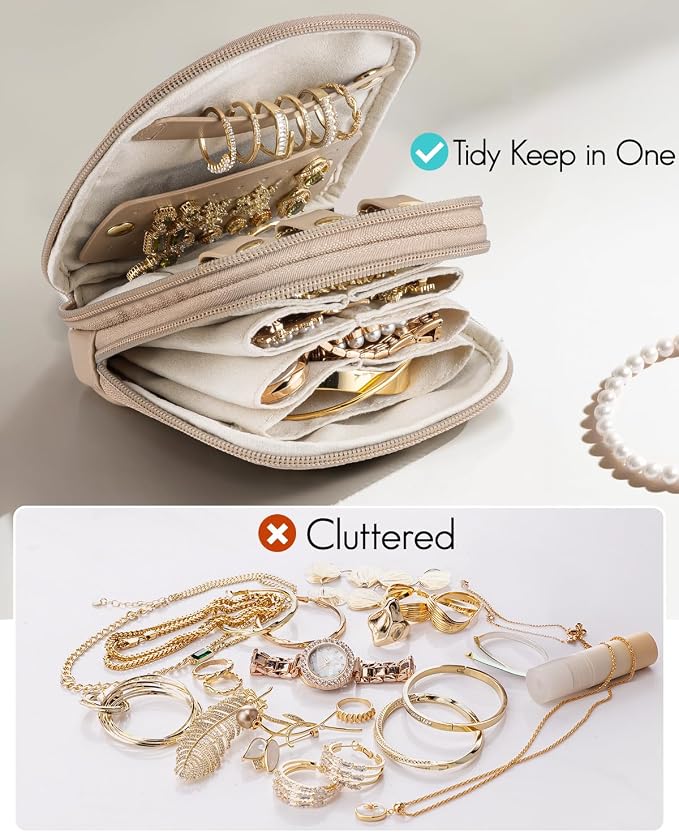 VLANDO 2-Layer Travel Jewelry Case for Necklaces,Rings,Earrings | Storage with Velvet Lining,Keeps Small Jewelry Separated for Travel,Carry-On Totes,Daily Use,Toffee