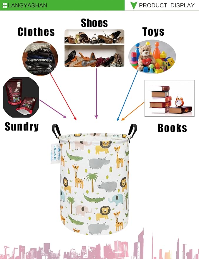 Round Laundry Basket Collapsible Storage Hamper Organizer Animal | Waterproof Canvas Foldable Baskets with sturdy Handles Multi-scene Organizer for Home Play Bedroom Gift Bin