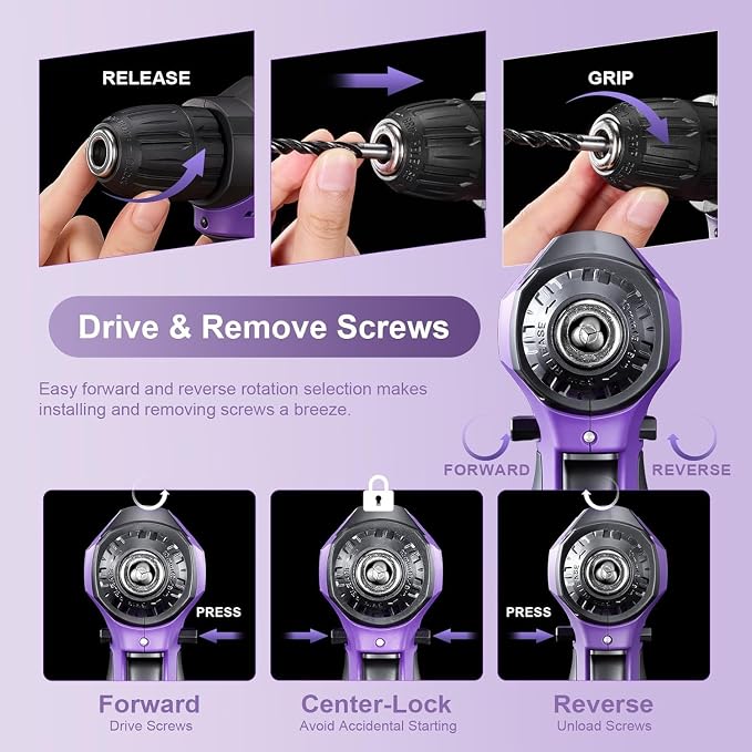 8V Cordless Drill, Purple Power Drill with Drill & Screw Bits Set, 3/8" Keyless Chuck, Rechargeable Electric Drill Tool Kit for Home Repairs, DIY Hand Tool,139PCS Tool Set for Women & Men