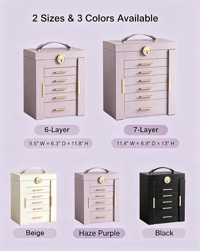 Lolalet Large Jewelry Box Organizer for Women, 6-Layer Jewelry Organizers and Storage Case with Mirror & 5 Drawers, Lockable Watch Ring Earring Bracelet Necklace Holder Girls Gift -6Layer, HazePurple