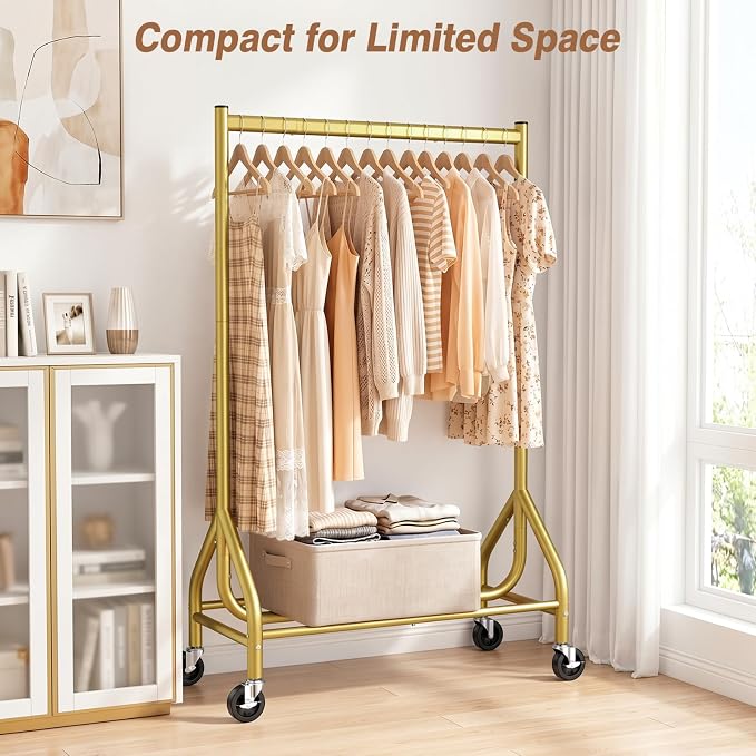 EAGMAK Heavy Duty Clothes Rack Load 268 LBS, 31.5 inch Hanging Rod, Gold | Metal Frame, Stable Base, Compact Size, Rolling Smooth, For Bedroom Closet Entryway Laundry Living Room Home Garage Storage