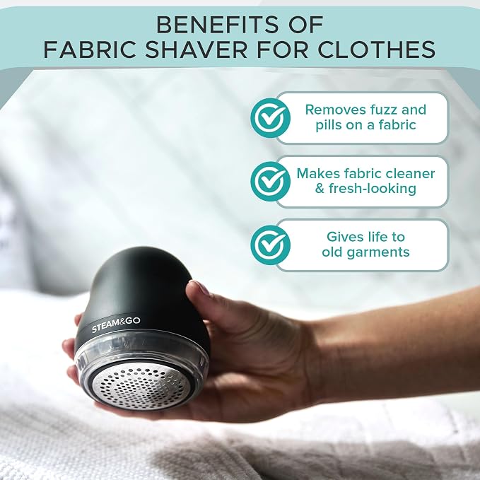 Steam & Go - Fabric Defuzzer, Rechargeable Fabric Shaver and Lint Remover, Portable Sweater Shavers to Remove Pilling, Fuzz, and Fluff, Lint Remover for Clothes and Beddings, Easy to Use Black | Rechargeable Fabric Shaver, Lint Remover, & Sweater Shave...