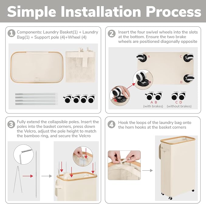 Goodpick 75L Slim Rolling Laundry Hamper with Lid, Beige | 17 × 9.8 × 29.5 in, Removable Laundry Bag, Handles, Dorm, Bathroom & Bedroom Organization, Dirty Clothes Storage