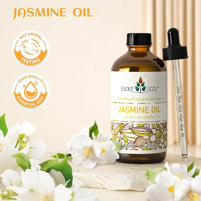EVOKE OCCU Jasmine Essential Oil for Diffuser, Cleaning & Air Freshening | Mild Floral Aroma For Relaxation, Purify Air, Perfect For Spray & Diffuser Daily Use - 4 Fl Oz / 118ML