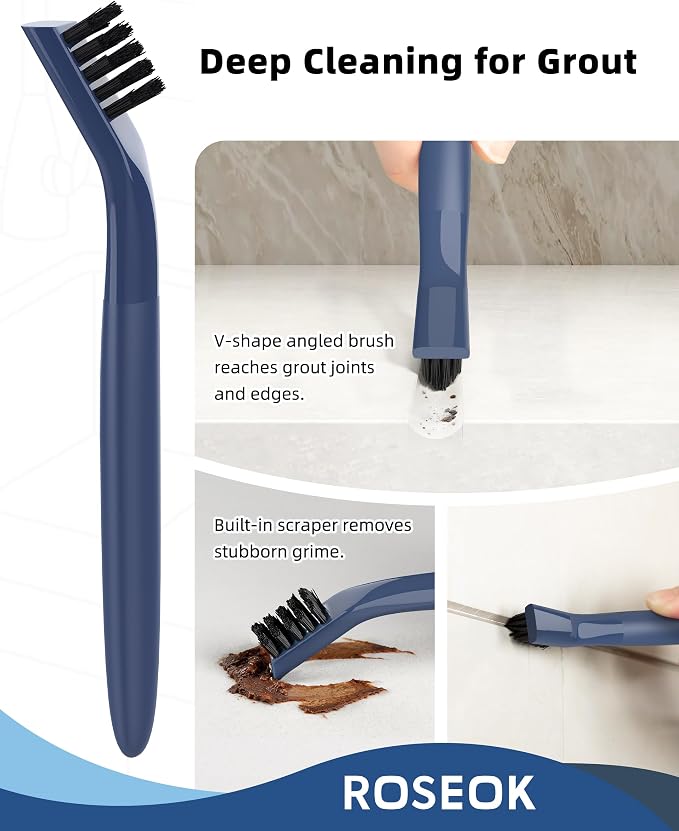 ROSEOK Grout Cleaner Brush Set, Detail Cleaning Brush Set, Crevice Scrub Brushes for Tile, Sink, Corners, Drains, Crevice Cleaning, Deep Clean Brush Set for Edge, Blue