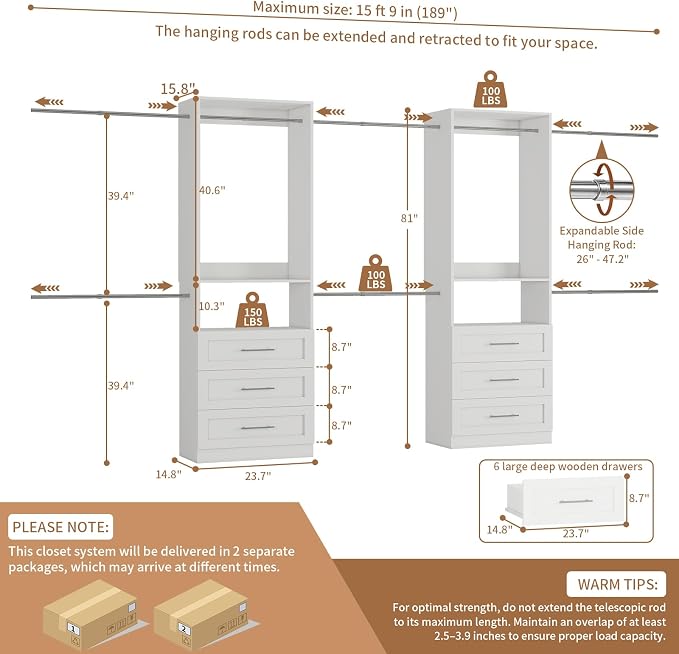Closet System with 6 Drawers, 4FT-15FT 2-Piece Closet System, Walk in Closet Organizer System, Modular Closet System with 10 Adjustable Hanging Rods & Shelves, Closet Storage System for Bedroom, White