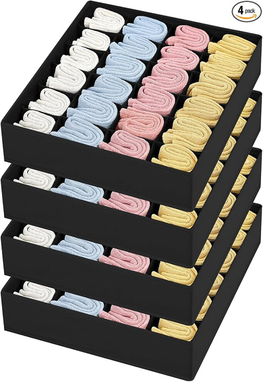 Joyoldelf Sock Drawer Organizer Divider Underwear Organizer 24-cell Fabric Dresser Drawer Organizers Storage Boxes for Socks Lingerie, Handkerchiefs, Ties 4 Pack (Black)