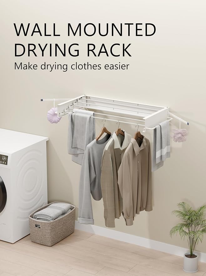 JOOM Wall Mounted Clothes Drying Rack,31.5 Inch Foldable Rack,White,Poles | 5 Aluminum Rods, 60 lb Capacity Collapsible Wall Mount Laundry Drying Rack for Laundry Room, Bathroom, Balcony