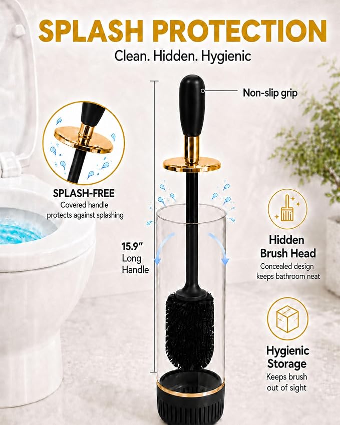 Toilet Brush Set, Dense Nylon Bristles, Wall Mount, Non-Scratch, Black Gold | 16.5" Handle,Splash-Proof,Odor-Locking Lid ,Ventilated Base,Hideaway Brush Head,Thick ABS,2 Adhesive