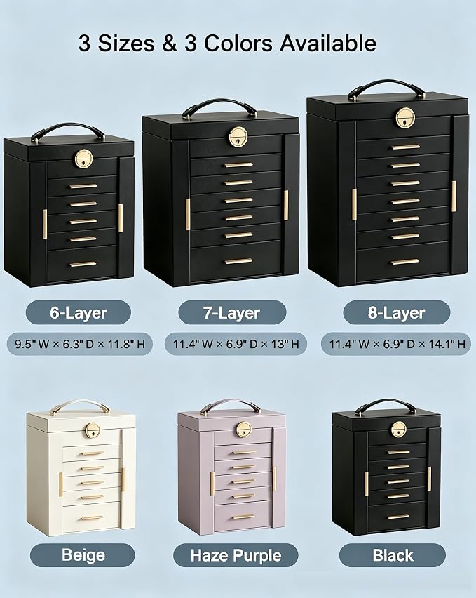 Lolalet Large Jewelry Box Organizer for Women, 8-Layer Jewelry Organizers and Storage Case with Mirror & 7 Drawers, Lockable Watch Ring Earring Bracelet Necklace Holder Girls Gift -8Layer, Black
