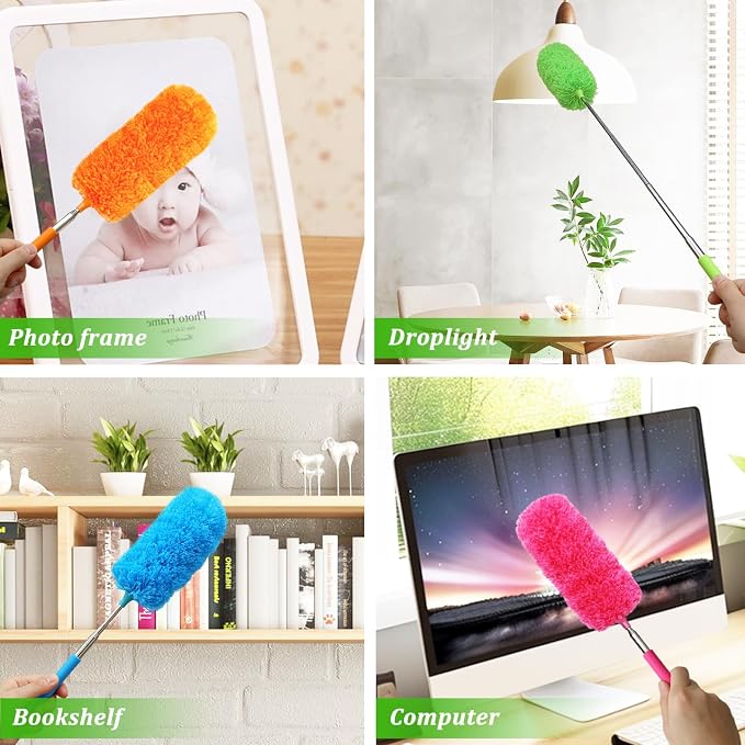 4 Pack Microfiber Feather Duster, with Extendable Pole and Bendable Head, Washable Microfibre Cleaning Tool for Cleaning Office, Car, Computer, Furniture, Sofa, Photo Frame