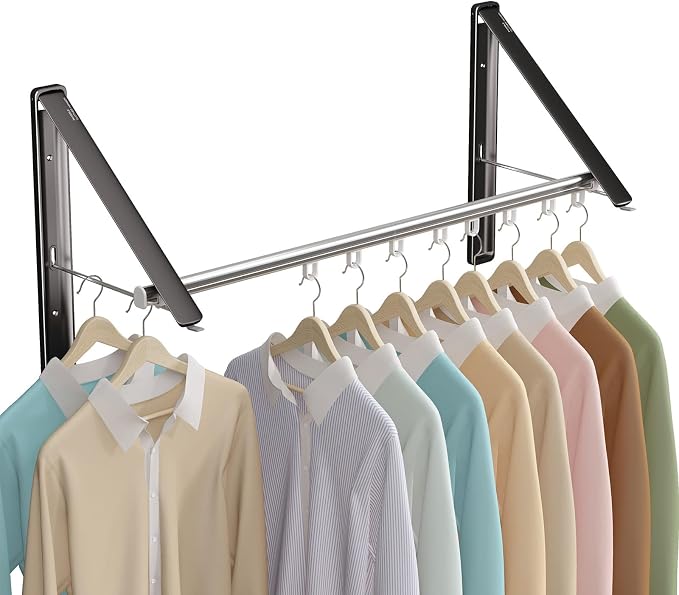Folding Clothes Hanger Rack Wall mounted for Laundry Clothes Drying Rack | Foldable Hanger Rack Laundry Hanger Dryer Rack, Easy to Install, Closet Storage Organization, Space Saving Black, 2 pcs &1Rod
