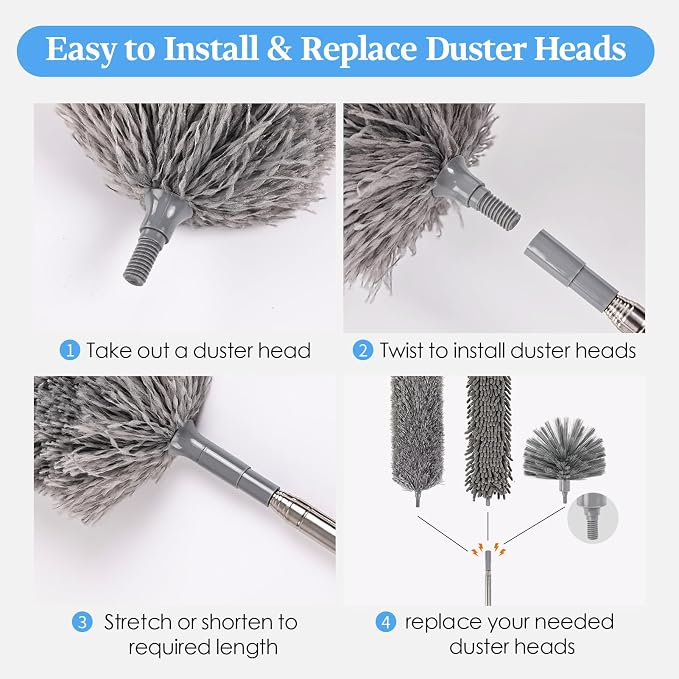 Microfiber Feather Duster 5-in-1 Kit with Extension Pole, Washable Cleaning Duster Set with 3 Duster Heads, Cobweb Duster, Corner Brush, 100'' Extendable Long Duster for High Ceilings, Fans, Furniture