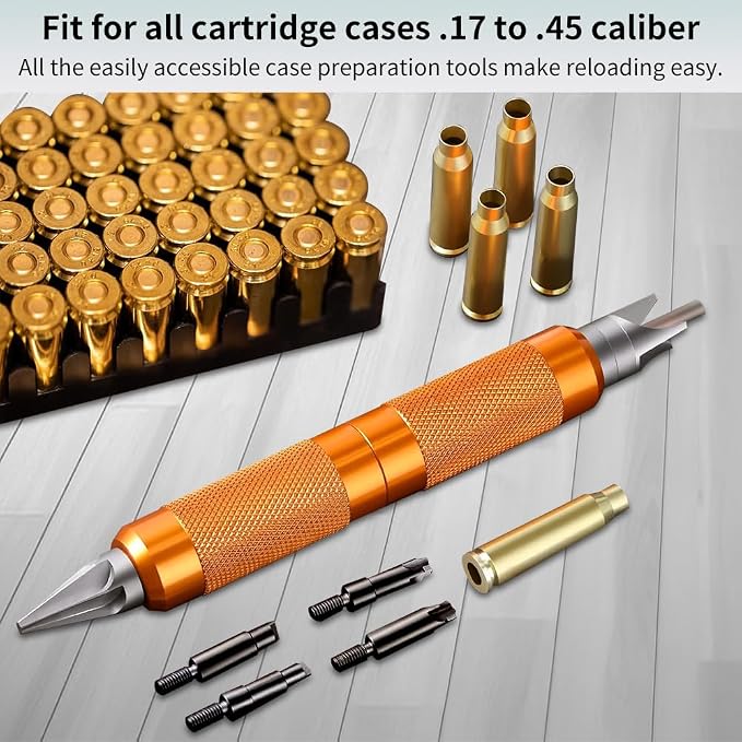 Ludex Case Prep Multi-Tool for Case Trimmer, Crafting Case Pocket Cleaner, Reamer and Chamfer Deburring Tools -Reloading Tool for .17 to .45 Caliber (orange color)
