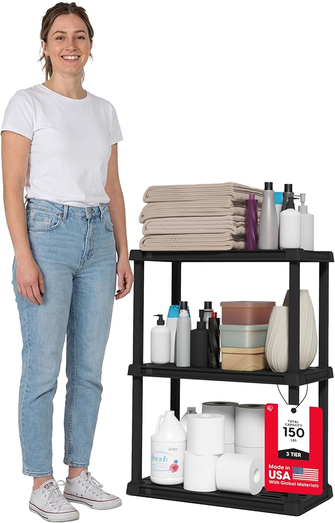 IRIS USA Plastic Storage Shelves |Made in USA| 33"H x 24"W x 12"D - Black | Light Duty Rack Organizer, 150lb Total Capacity, 50lb Per Shelf, Shelving Unit for Bathroom, Laundry, Home & Pantry
