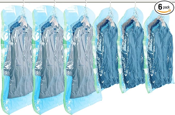 TAILI Hanging Vacuum Sealer Storage Bags Space Saver Bags for Clothing, Suits and Jackets, Closet Organizers, (3 Long, 3 Short) Blue