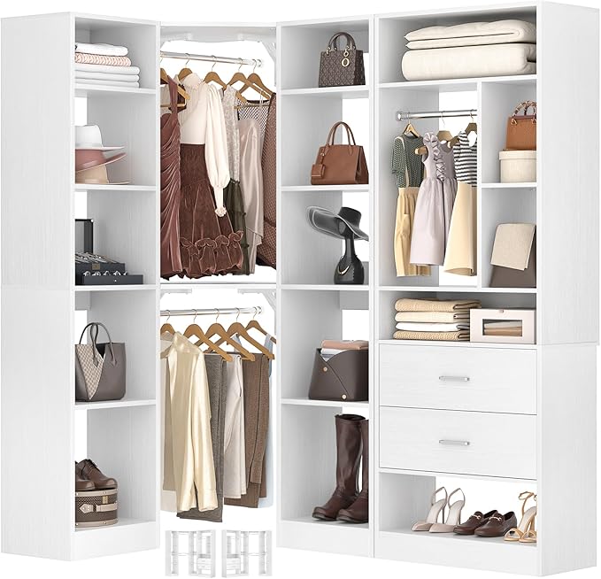 Besiost Corner Closet System with 2 Sets, 63.2" Corner Closet Organizer System with 2 Drawers + 18 Shelves + 3 Hanging Rods, Reversible L Shaped Walk-in Closets, White (63.2" L x 39.2" W x 80" H)